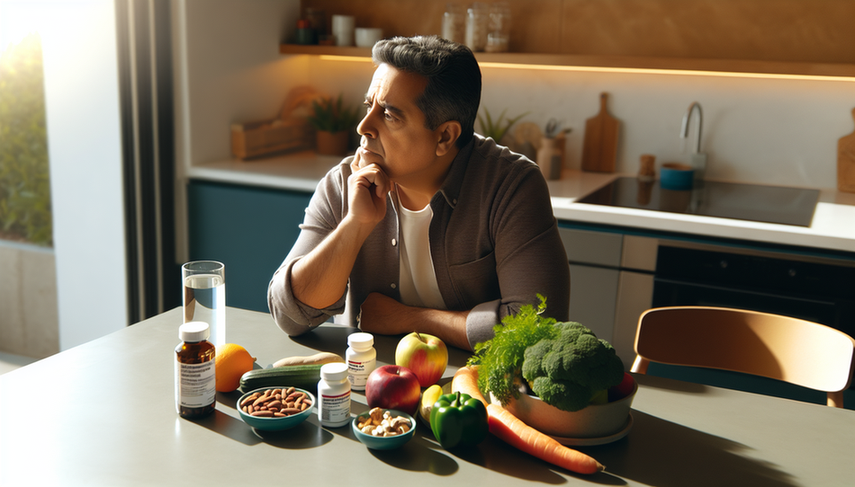Hombre hispano de mediana edad sentado en una mesa de cocina con alimentos saludables como verduras, frutas y nueces, junto a botellas de medicamentos etiquetadas 'Alopurinol' y 'Colchicina'. La imagen refleja un enfoque positivo y educativo sobre el tratamiento de la gota, combinando medicación y control dietético.