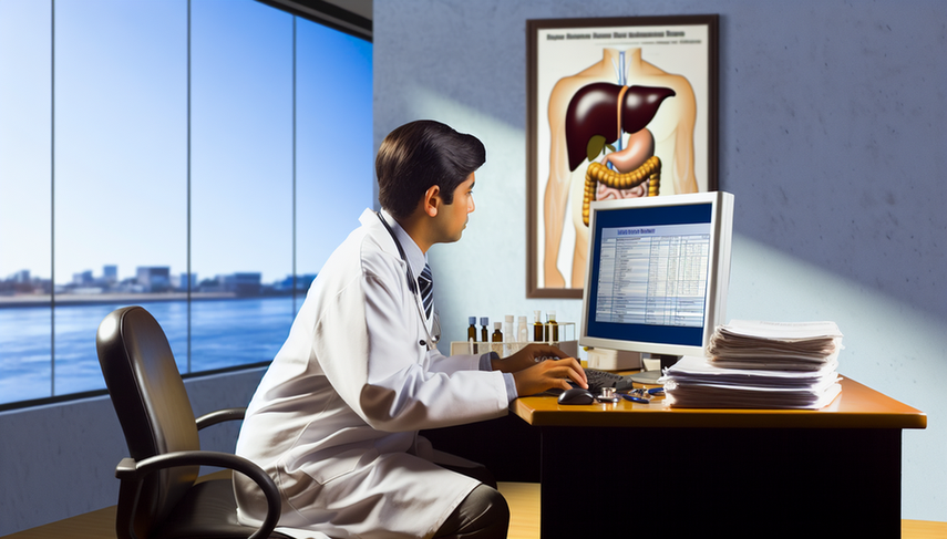 Doctor hispano revisando resultados de pruebas de función hepática en una computadora, con libros médicos y un estetoscopio en el escritorio. Un póster anatómico del hígado humano se ve al fondo, creando un ambiente profesional y educativo.