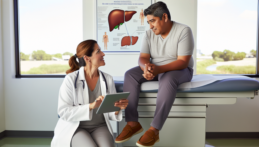 Un paciente hispano de mediana edad, sentado en una camilla de examen, escucha atentamente a una doctora hispana que le muestra un diagrama del hígado en una tableta digital. La consulta médica es moderna y bien iluminada, con un póster en la pared que ilustra el ciclo de vida del virus de la hepatitis C. La escena transmite esperanza y progreso en el tratamiento de la hepatitis C.