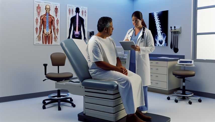 Un paciente hispano de mediana edad, sentado en una camilla de examen, escucha atentamente a una doctora hispana que le explica opciones de tratamiento para una hernia discal, mostrando diagramas en una tableta. El entorno es un consultorio médico moderno y profesional, con modelos anatómicos y equipo médico organizado.