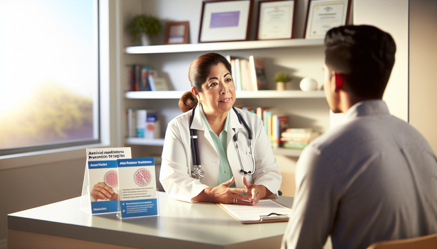 Consulta médica en una oficina profesional donde una doctora hispana de mediana edad explica opciones de tratamiento para el herpes genital a un paciente joven hispano. En el escritorio hay folletos informativos sobre medicamentos antivirales y estrategias de prevención en español. La escena transmite confianza y comprensión.