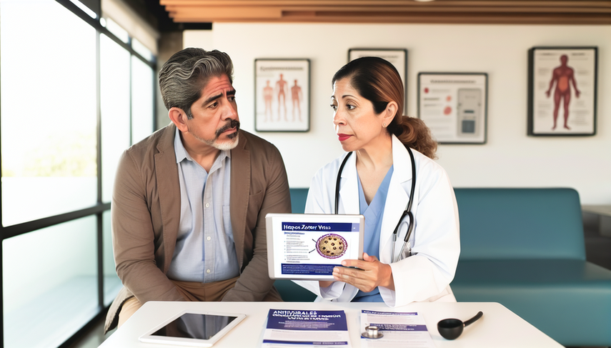 Middle-aged Hispanic patient in a medical consultation, listening to a Hispanic doctor explaining shingles treatment options. The doctor holds a tablet displaying a diagram of the varicella-zoster virus. On the desk, there are brochures about acyclovir, analgesia, and shingles vaccine to prevent complications. Professional and collaborative environment.