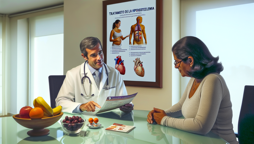 Modern and serene medical office with a middle-aged Hispanic doctor discussing hypercholesterolemia treatment options with a patient. The doctor holds a brochure on hypercholesterolemia treatment, emphasizing healthy foods and aerobic exercise. On the desk, there are models of a heart and arteries, along with fresh fruits and a glass of water, symbolizing non-pharmacological measures. A poster on the wall highlights the benefits of statins, Ezetimibe, and lifestyle changes for effective cholesterol management.