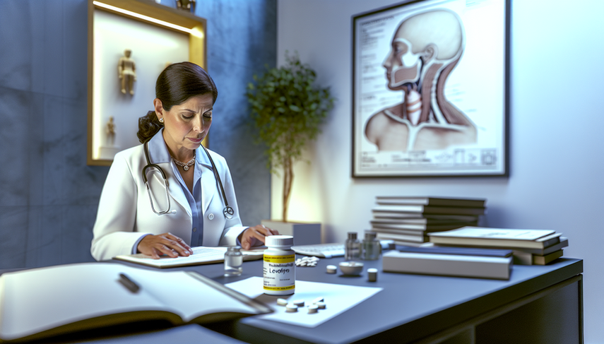 Middle-aged Hispanic female doctor reviewing a medical history in a professional office. On the desk, there is a bottle of levothyroxine and a stethoscope. In the background, a well-organized medical office features an anatomical diagram of the thyroid gland. The image reflects professionalism and care in hypothyroidism treatment, emphasizing the importance of TSH control and personalized doses for managing symptoms.