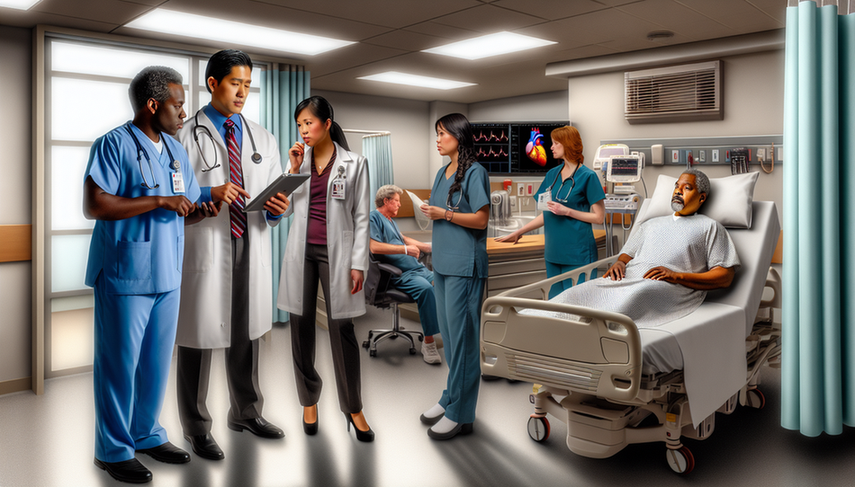 Multidisciplinary team of healthcare professionals in a modern hospital collaborating on heart failure treatment. A Hispanic cardiologist discusses the treatment plan with a nurse holding a digital tablet and a pharmacist displaying a medication chart. In the background, a physical therapist teaches exercises to an elderly patient, emphasizing teamwork and a patient-centered approach in managing heart failure with ACE inhibitors, beta-blockers, and diuretics, alongside cardiac rehabilitation.
