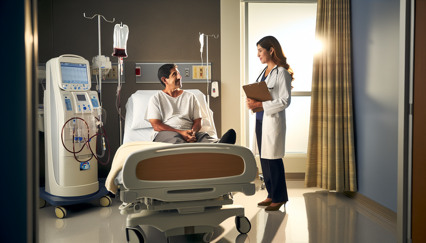 Middle-aged Hispanic patient in a hospital bed discussing chronic kidney disease treatment with a Hispanic doctor, with a dialysis machine in the background, highlighting options like peritoneal dialysis, hemodialysis, and the importance of a low-protein diet.