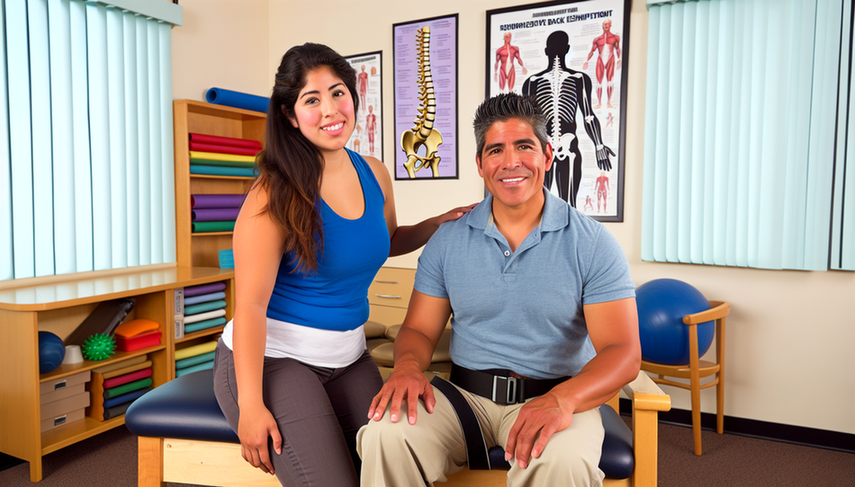 A middle-aged Hispanic man performs physical therapy exercises for lumbar pain treatment in a rehabilitation clinic, guided by a Hispanic therapist using a resistance band. In the background, posters of the spinal system and rehabilitation equipment are visible, highlighting the importance of strengthening exercises and NSAIDs in managing lumbar conditions.