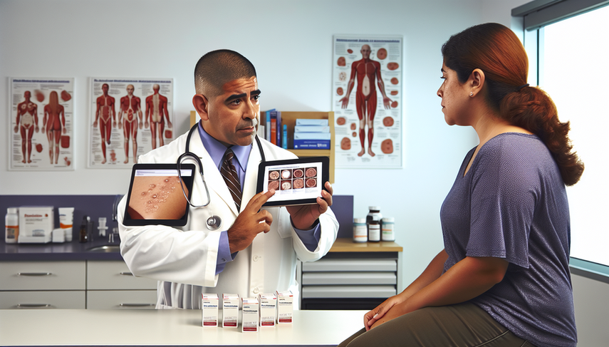 Consulta médica en una clínica moderna donde un doctor hispano de unos 40 años, con bata blanca y estetoscopio, explica opciones de tratamiento para infecciones por hongos a una paciente hispana de unos 30 años. El doctor sostiene una tableta con ilustraciones de infecciones fúngicas y tratamientos antifúngicos. En el escritorio hay cremas antifúngicas tópicas y cajas de medicamentos antifúngicos sistémicos. La oficina está bien organizada con gráficos anatómicos y libros médicos en el fondo.