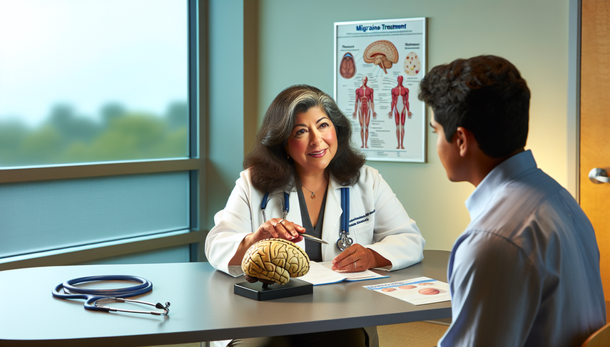 A medical consultation focused on migraine treatment, featuring a Hispanic doctor explaining options such as triptans and preventive beta-blockers to a Hispanic patient. The doctor holds a brain model, highlighting areas related to migraines. On the desk, there are brochures about 'Triptans' and 'Migraine Prevention' in Spanish. The setting is professional and welcoming, emphasizing a supportive approach to aura management and trigger control in migraine care.