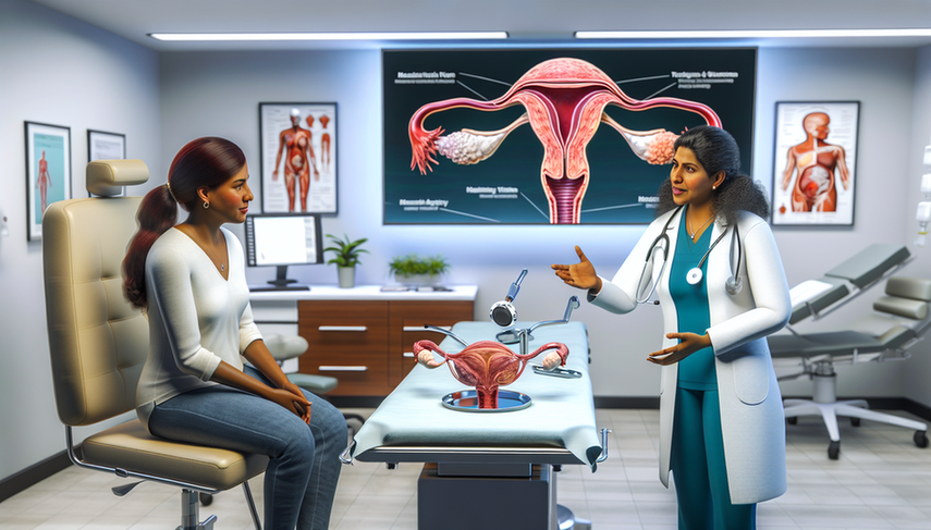 A diverse group of medical professionals in a modern hospital. In the foreground, a Hispanic female doctor in a white coat and stethoscope explains a treatment plan to a Hispanic patient, pointing to an anatomical model of the female reproductive system. In the background, a digital screen displays a 3D image of a uterus with fibroids, highlighting treatment options such as GnRH analogs, uterine artery embolization, and hysterectomy, while emphasizing fertility preservation. The scene reflects a professional and collaborative environment in patient care.