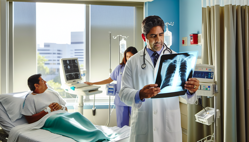 Un médico hispano de mediana edad revisa atentamente una radiografía de tórax que muestra signos de neumonía en una sala de hospital moderna y bien iluminada. En el fondo, una enfermera hispana ajusta una cánula nasal a un paciente mayor, quien está conectado a un monitor cardíaco. La imagen refleja un ambiente profesional y colaborativo en el tratamiento de la neumonía, destacando la importancia de la antibióticoterapia dirigida y el soporte respiratorio.