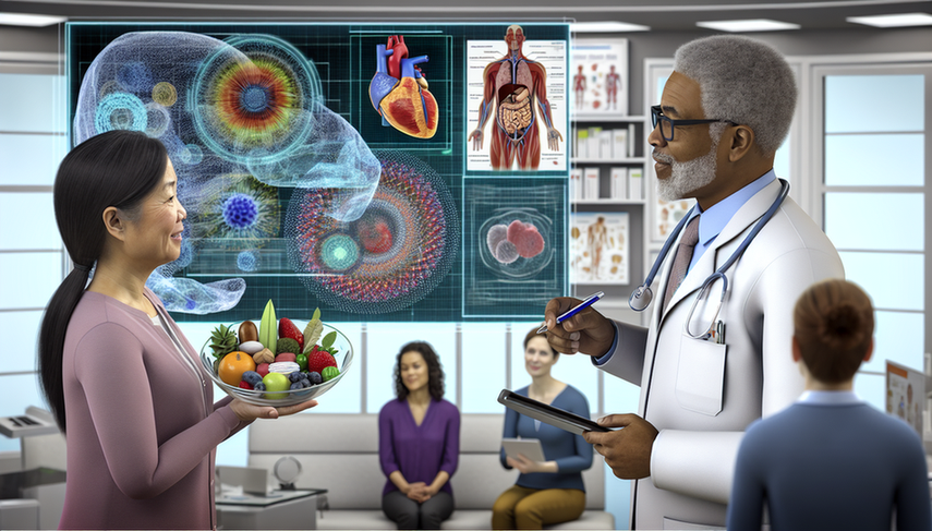 Un grupo diverso de profesionales de la salud en una oficina médica moderna. En primer plano, una dietista hispana discute un plan de comidas saludables con un paciente hispano, mostrando un plato de frutas y verduras. A un lado, un médico caucásico explica opciones de medicación a una paciente afroamericana. Al fondo, una cirujana asiática ilustra un procedimiento de cirugía bariátrica a estudiantes de medicina. El ambiente refleja colaboración y educación en el tratamiento de la obesidad.