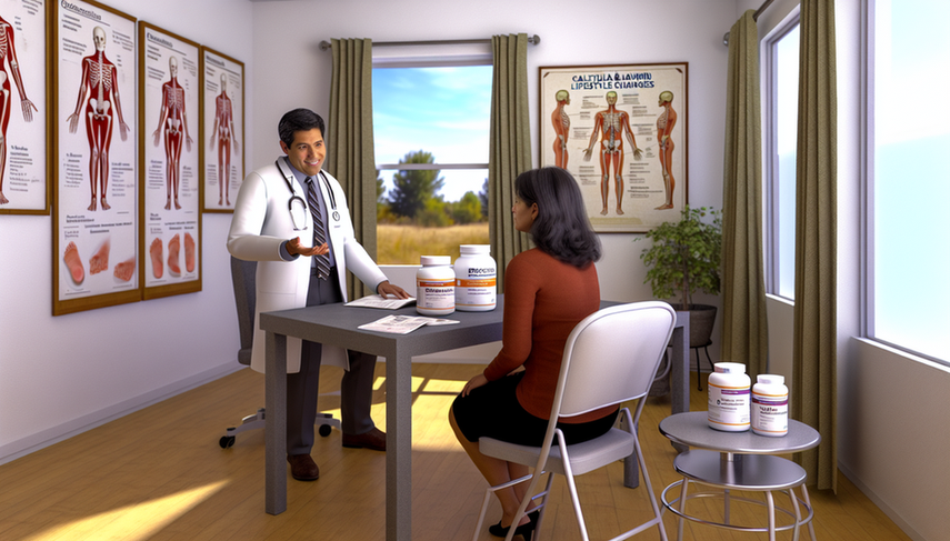 A middle-aged Hispanic woman attentively listens to a Hispanic doctor explaining osteoporosis treatment options, including bisphosphonates, calcium, and vitamin D supplements. On the table, there is a brochure about lifestyle changes and fracture risk reduction. The consultation room is bright and professional, featuring anatomical charts on the walls.