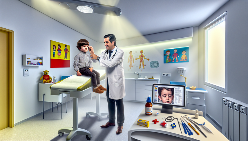 Fotografía de una consulta pediátrica en España, donde una pediatra examina el oído de un niño pequeño. En el fondo, se observan dibujos infantiles y un diagrama de otitis media en la pantalla de una computadora. En el mostrador, hay instrumentos médicos y un frasco de antibióticos, destacando el enfoque en el tratamiento de la otitis media.