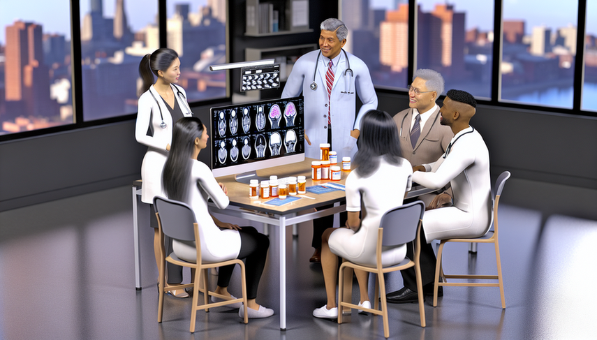 Equipo multidisciplinario de profesionales de la salud colaborando en una oficina médica moderna. Un neurólogo hispano discute opciones de tratamiento para la enfermedad de Parkinson con una farmacéutica, un fisioterapeuta y una enfermera. En la mesa hay gráficos médicos, un portátil con escaneos cerebrales y frascos de medicamentos etiquetados para Parkinson. La imagen resalta el trabajo en equipo en el manejo de la enfermedad.