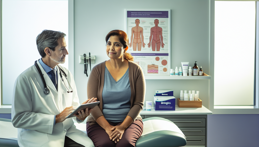 A middle-aged Hispanic woman sits relaxed on an examination table in a modern medical consultation room. A Hispanic doctor in his 40s shows her a diagram of the skin layers on a tablet. In the background, there are topical creams, pill bottles, and a box labeled 'biologics,' highlighting a collaborative approach to psoriasis treatment, including options like phototherapy, methotrexate, and TNF inhibitors for effective skin care.