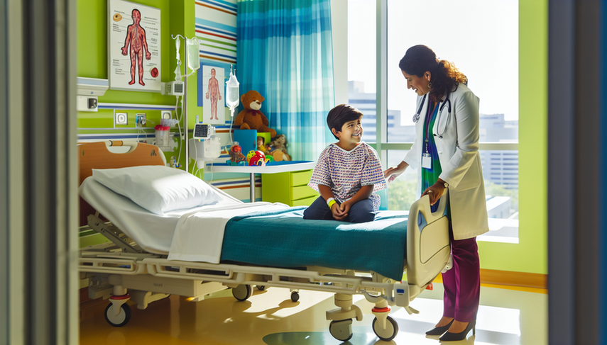 Una habitación moderna de hospital pediátrico con un niño hispano de 6 años sonriendo en la cama, vistiendo una bata colorida. Junto a él, una doctora hispana en sus 40s, con bata blanca y estetoscopio, le explica el sistema urinario en una tablet. La habitación está iluminada naturalmente y decorada con personajes de dibujos animados, creando un ambiente acogedor.