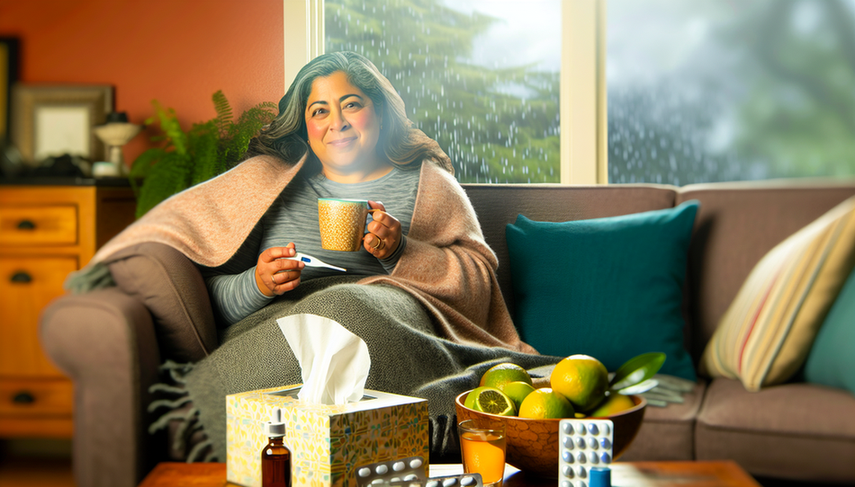 Middle-aged Hispanic woman sitting on a sofa, wrapped in a blanket and holding a cup of herbal tea. On the coffee table, there are items for common cold treatment: a box of tissues, over-the-counter medication, a digital thermometer, and citrus fruits. The scene conveys a warm atmosphere of self-care and respiratory palliative care during a common cold, highlighting the use of antipyretics and decongestants.