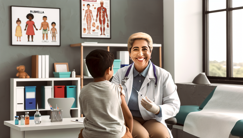 Image of a modern pediatric office featuring a middle-aged Hispanic physician smiling while holding a syringe with the MMR vaccine. A calm 5-year-old Hispanic boy, accompanied by a parent, is sitting on the examination table. This scene emphasizes the importance of vaccination in preventing rubella and highlights key aspects of rubella treatment, including rest, analgesia, and the need to avoid contact with pregnant women.
