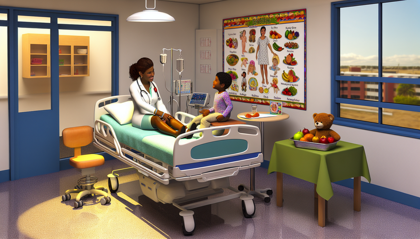 Fotografía de una habitación de hospital pediátrico en América Latina, mostrando a un niño de 5 años en una cama, acompañado por una doctora y su madre. La doctora explica el soporte nutricional para el tratamiento del sarampión, destacando la importancia de la vitamina A. La atmósfera es cálida y profesional, con énfasis en la nutrición y el cuidado.