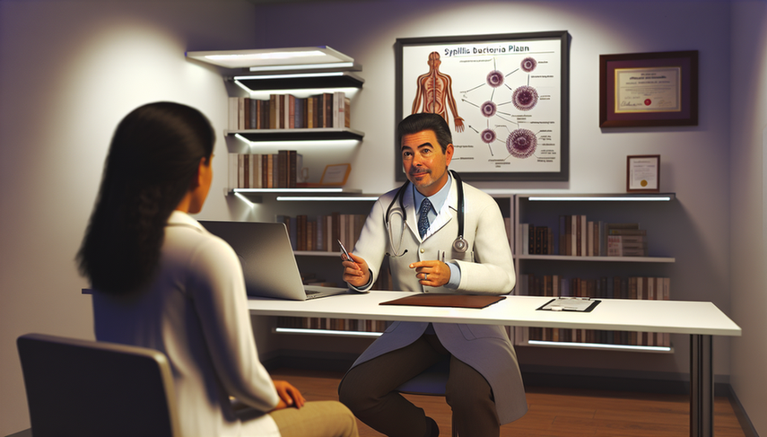 Consulta médica en una clínica moderna donde un doctor hispano de mediana edad, con bata blanca y estetoscopio, explica un plan de tratamiento para la sífilis a una paciente hispana joven. En el escritorio hay un gráfico del Treponema pallidum y un calendario de inyecciones de penicilina. La paciente escucha atentamente y asiente con una leve sonrisa. El entorno es profesional y bien iluminado.