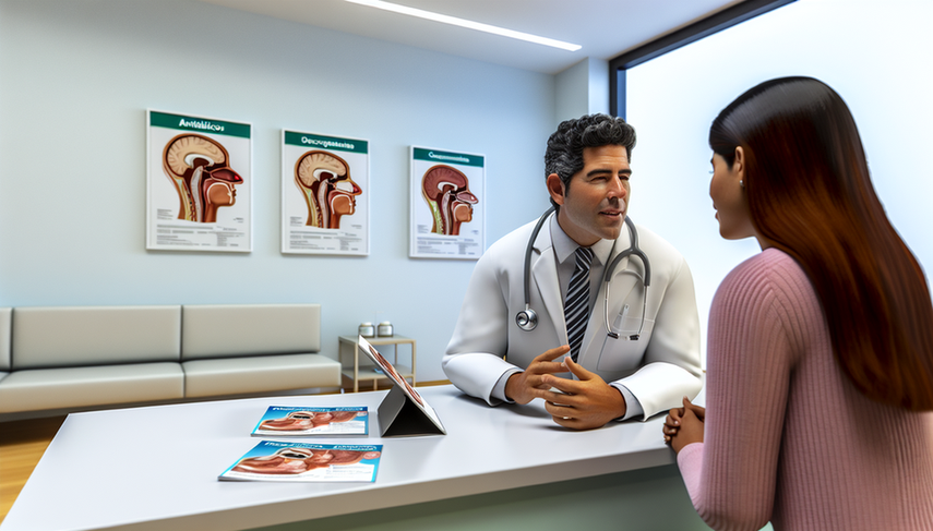 Consulta médica moderna con un doctor hispano explicando opciones de tratamiento para la sinusitis a una paciente. El doctor sostiene una tableta con un modelo 3D de los senos paranasales. En el escritorio hay folletos sobre antibióticos, descongestionantes y cirugía endoscópica. La sala está decorada con pósters anatómicos de la cabeza y senos paranasales, creando un ambiente profesional y colaborativo.
