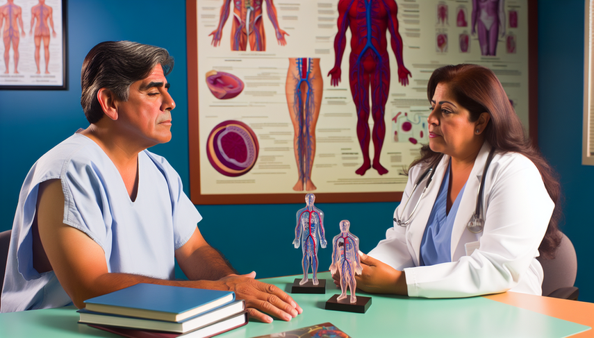 A middle-aged Hispanic patient in a modern medical consultation, discussing with a Hispanic doctor who holds a tablet displaying a diagram of the circulatory system, focusing on the veins. In the background, an anatomical poster highlights the venous system. The image conveys education on the treatment of DVT, including low molecular weight heparin, oral anticoagulants, vena cava filters, and the importance of INR monitoring for preventing pulmonary embolism.