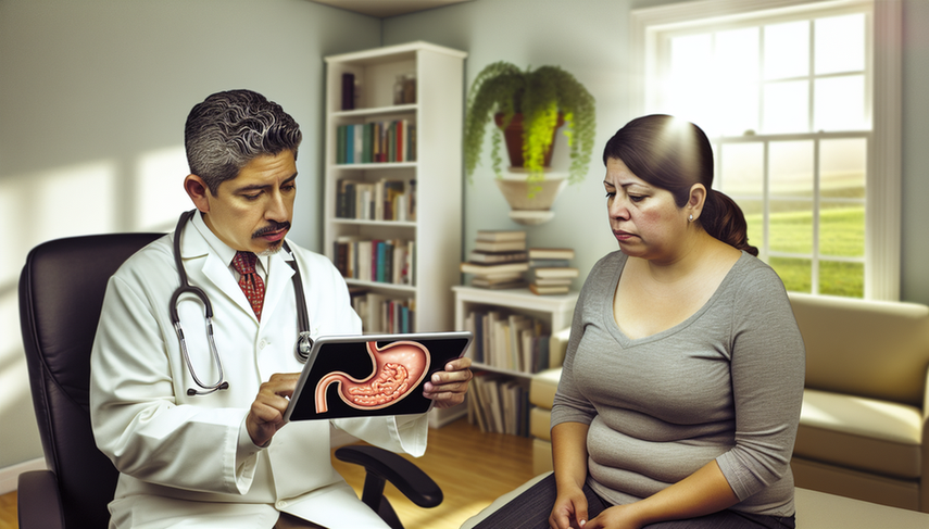 Un médico hispano de mediana edad, con bata blanca y estetoscopio, explica un plan de tratamiento para una úlcera gástrica a una paciente hispana. El médico sostiene una tableta que muestra un diagrama del estómago, destacando el área afectada. La paciente, vestida de manera casual, escucha atentamente. El entorno es una oficina médica profesional y acogedora.