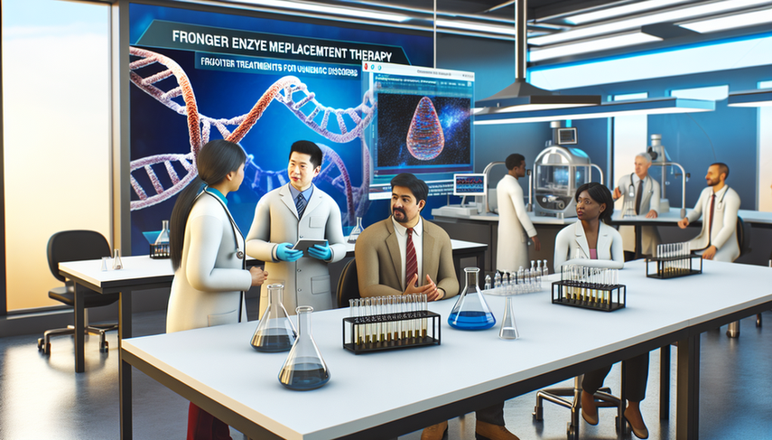 A modern medical laboratory focused on advanced therapies for rare metabolic diseases and genetic disorders. In the foreground, a diverse group of scientists and physicians discusses enzyme replacement therapy data on a digital tablet. In the background, a screen displays a 3D model of a DNA strand, symbolizing genetic research. The environment reflects innovation and scientific collaboration in the field of gene therapy.