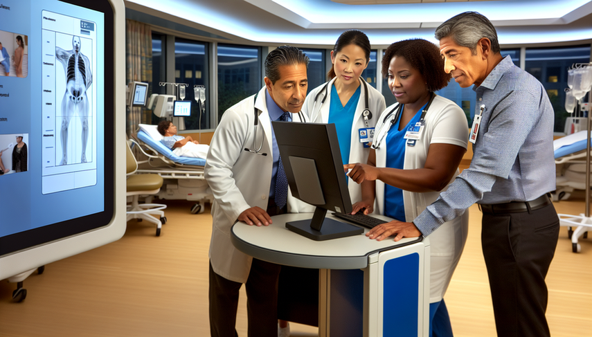 Un grupo diverso de profesionales de la salud colabora alrededor de una pantalla digital que muestra la trayectoria de atención de un paciente en un entorno hospitalario moderno. La imagen destaca la importancia de la trazabilidad de pacientes y la coordinación asistencial para reducir retrasos en la consulta.