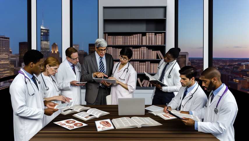 Un grupo diverso de médicos en una oficina moderna discute colaborativamente sobre las últimas guías clínicas. En el centro, una mesa con revistas médicas, tabletas y una laptop con una presentación titulada 'Últimas Guías Clínicas'. Una doctora hispana señala la pantalla, mientras un doctor joven toma notas en una tableta. La atmósfera refleja enfoque y colaboración en la práctica basada en evidencia.