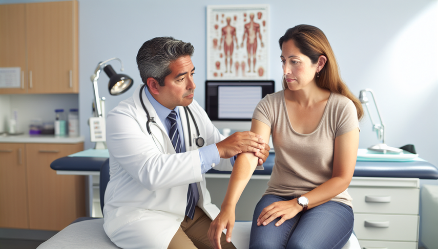 A Hispanic doctor in his 40s, wearing a white coat and stethoscope, carefully examines a mild rash on the forearm of a Hispanic female patient in her 30s in a modern clinic. The patient, seated on the examination table, displays curiosity and slight concern. The setting conveys a professional and attentive atmosphere, with medical posters and organized supplies, highlighting the importance of diagnosing conditions like urticaria and drug allergy, and the role of antihistamines and provocation tests in treatment.