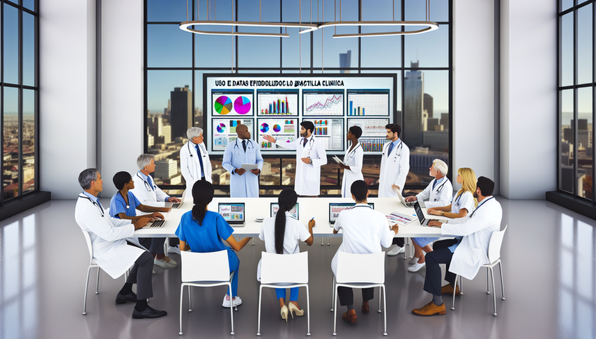 A modern, well-lit hospital conference room featuring a diverse group of physicians from various ethnic backgrounds gathered around a table with laptops, tablets, and printed graphs. A large screen displays a presentation titled 'Utilizing Epidemiological Data in Clinical Decision-Making.' The physicians engage in collaborative discussion, with some pointing at the screen and others taking notes, highlighting a team-oriented environment focused on evidence-based practice and population evidence.