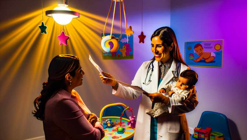 A Hispanic pediatrician in her 30s, wearing a white coat and stethoscope, smiles as she explains a child vaccination schedule to a Hispanic mother with her 6-month-old baby. The clinic is adorned with posters on vaccine safety and preventable diseases, creating a welcoming and educational atmosphere for discussing vaccine efficacy.