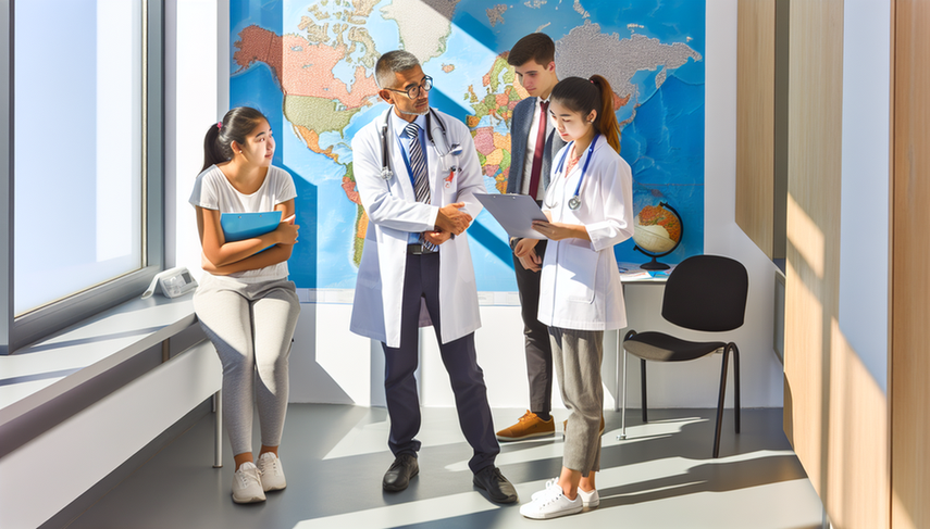 Un grupo diverso de médicos y una paciente discuten sobre vacunación y profilaxis para viajes internacionales en una oficina médica moderna. Un mapa mundial en la pared destaca destinos de viaje, y se observa un ambiente profesional y acogedor.