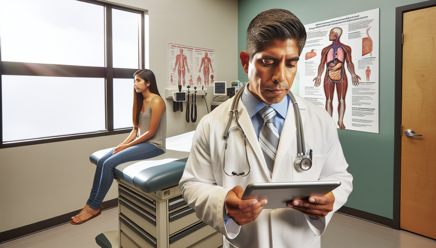 Consulta médica en una clínica moderna: un médico hispano de mediana edad revisa atentamente gráficos médicos en una tablet, mientras una paciente joven lo escucha desde la camilla. En la pared, hay un póster del sistema respiratorio humano y otro sobre VIH, destacando la importancia de la evaluación conjunta para pacientes de alto riesgo.