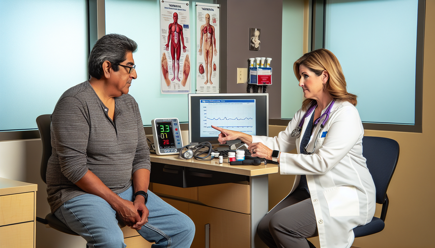 Paciente hispano de mediana edad en consulta médica, observando a doctora hispana que señala un gráfico de niveles de INR. En el escritorio hay una botella de 'Warfarina' y un monitor de presión arterial. La imagen destaca la importancia del control del INR al usar anticoagulantes como la warfarina.