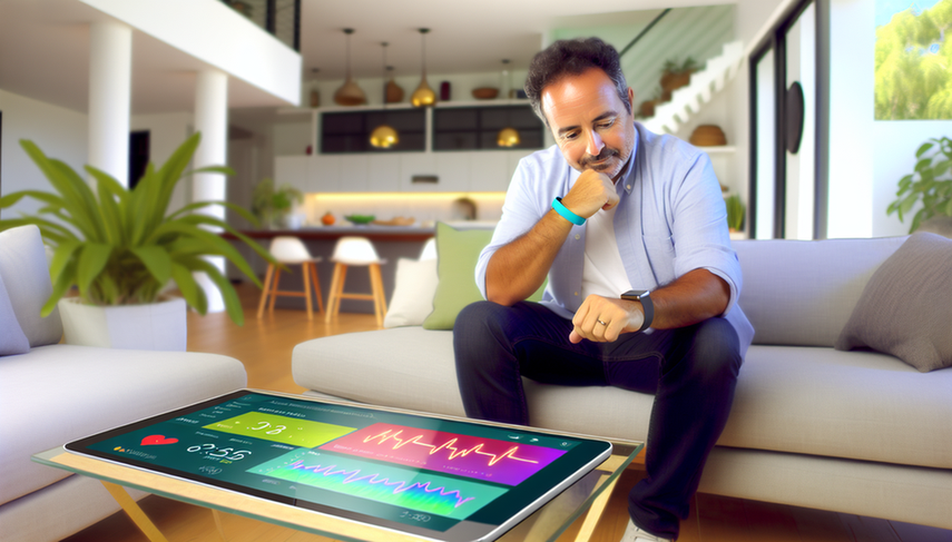 Middle-aged Hispanic man sitting on a modern sofa, wearing a smart bracelet for health monitoring. On the table, a tablet displays health metrics such as heart rate and sleep patterns. The scene illustrates the integration of wearable technology in medical diagnosis and continuous health monitoring.