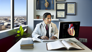 Doctor hispano de mediana edad en su oficina médica, concentrado en una pantalla de computadora que muestra un modelo 3D del corazón con áreas resaltadas de fibrilación auricular. En el escritorio hay libros de medicina abiertos y un bloc de notas con apuntes. La imagen refleja un entorno profesional y tranquilo, centrado en cardiología y manejo de anticoagulación.