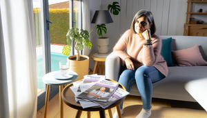 Mujer hispana de mediana edad sentada en una sala de estar bien iluminada, con expresión pensativa y signos de fatiga. En la mesa a su lado, hay folletos médicos sobre la enfermedad de Addison y el síndrome de fatiga crónica en español.