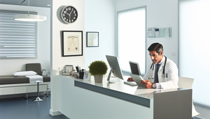 Modern medical office in Spain featuring a middle-aged Spanish doctor in a white coat and stethoscope, focused on a computer screen. A middle-aged Spanish female patient smiles while holding a tablet. The environment is professional and efficient, highlighting the use of modern technology in medical practice, emphasizing time-saving in consultations and optimization of medical practice for better schedule management and clinical efficiency.