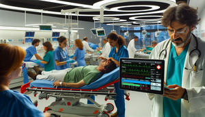 Sala de urgencias en un hospital moderno de España, con profesionales de la salud trabajando eficientemente. Un doctor revisa información en una tableta, mientras una enfermera asiste a un paciente en una camilla. En el fondo, un sistema de triaje automatizado en una pantalla digital muestra datos y niveles de prioridad, destacando el uso de tecnología avanzada para agilizar la atención.
