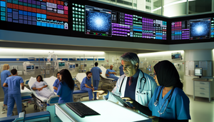 Una sala de urgencias en un hospital de España, donde un grupo diverso de profesionales de la salud, incluidos médicos y enfermeras, se reúne alrededor de una estación central de computadoras. Un médico español señala la pantalla que muestra un algoritmo de triage, mientras una enfermera toma notas en una tableta digital. Al fondo, pacientes de diversas edades y etnias esperan su turno. La escena refleja la integración de la tecnología en la toma de decisiones clínicas.