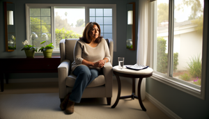 Mujer hispana de mediana edad sentada en un sillón junto a una ventana, con un blister de medicación y un vaso de agua en una mesa cercana. La escena transmite un ambiente de calma y reflexión, sugiriendo el uso de alprazolam y la importancia de considerar sus efectos secundarios y el riesgo de dependencia.