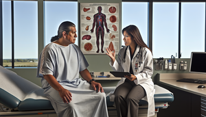 Paciente hispano de mediana edad en una sala de examen médico moderno, conversando con una doctora hispana que sostiene una tableta mostrando un diagrama del cuerpo humano. En la pared, un póster anatómico del sistema circulatorio. La escena resalta la importancia de la evaluación multisistémica en la amiloidosis sistémica.