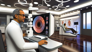 Un oftalmólogo hispano de unos 40 años examina una imagen digital de retina en una pantalla grande en una clínica de teleoftalmología moderna, mientras una paciente hispana de unos 60 años espera en el fondo. La imagen resalta el uso de tecnología avanzada para el diagnóstico de retinopatía.
