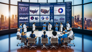 Un grupo diverso de profesionales de la salud, incluidos médicos y enfermeras, se reúne alrededor de una pantalla digital en una sala de conferencias de un hospital moderno. La pantalla muestra un infográfico colorido sobre analítica poblacional e indicadores de riesgo para enfermedades crónicas. Los profesionales, de diversas etnias y géneros, discuten y señalan diferentes partes de la pantalla, destacando la colaboración e innovación en el uso de datos en la atención médica.