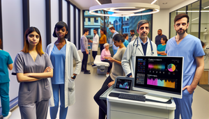 Clínica de atención primaria moderna en España con profesionales de la salud diversos, incluyendo un médico hispano, una enfermera negra y una analista de datos asiática, reunidos alrededor de una pantalla digital que muestra datos de analítica predictiva y patrones de enfermedad. Al fondo, pacientes de diversas etnias interactúan con el personal médico. Ambiente de colaboración e innovación tecnológica en la atención sanitaria.