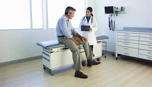 Un paciente hispano de mediana edad, con una leve hinchazón en la rodilla derecha, es examinado por una doctora hispana en una sala de consulta médica. La doctora, con expresión concentrada, evalúa la rodilla del paciente, destacando la importancia del diagnóstico diferencial en casos de monoartritis aguda, como artritis séptica y gota.
