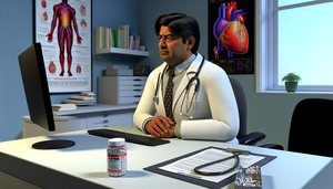 Doctor hispano de mediana edad en una oficina médica moderna, observando atentamente una botella de aspirina y un gráfico médico, simbolizando la discusión sobre los efectos adversos de la aspirina y el riesgo de hemorragia.